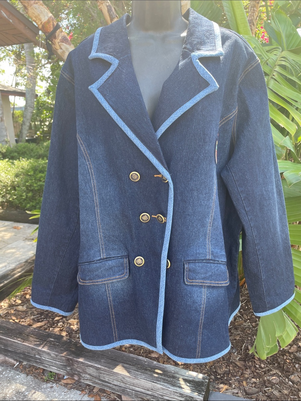 Dianne Gilman denim on denim double breasted jacket with crest